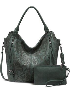Women's Dark Green PU Leather Tote Large Hobo Shoulder Purse Adjustable Handbag